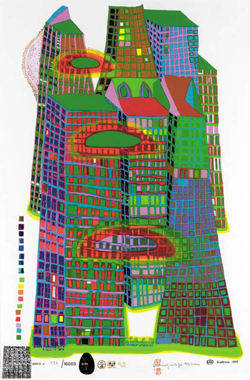 Hundertwasser - Good Morning City - Bleeding Town - series C - 1969 color screenprint